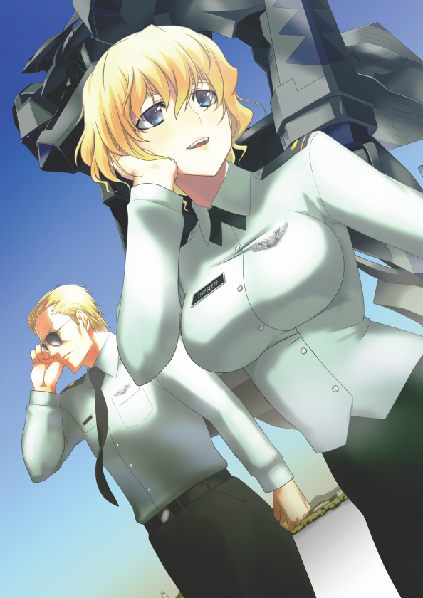 1boy 1girl alfred_walken bangs belt black_belt blue_eyes breasts clenched_hand collared_shirt cover cover_page english_commentary f-22a_raptor_(muvluv) green_pants green_skirt hand_in_hair irma_thesleff makishima_azusa manga_cover mecha medium_breasts military military_uniform muvluv muvluv_alternative official_art open_mouth pants shirt shirt_tucked_in skirt smile sunglasses tactical_surface_fighter textless uniform white_shirt