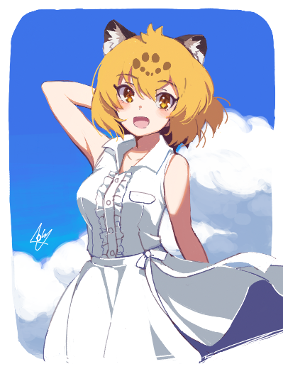1girl :d alternate_costume animal_ear_fluff animal_ears arm_at_side arm_behind_head arm_up armpits bangs bare_arms bare_shoulders blue_sky border breast_pocket brown_eyes center_frills clouds cloudy_sky collarbone commentary_request cowboy_shot day dot_nose dress eyebrows_visible_through_hair eyes_visible_through_hair floating_hair frilled_dress frills hair_between_eyes hatagaya jaguar_(kemono_friends) jaguar_ears jaguar_print kemono_friends light_brown_eyes looking_at_viewer oekaki open_mouth orange_hair outdoors pleated_dress pocket rounded_corners short_hair signature sky sleeveless sleeveless_dress smile solo standing sundress white_border white_dress wind wing_collar yellow_eyes