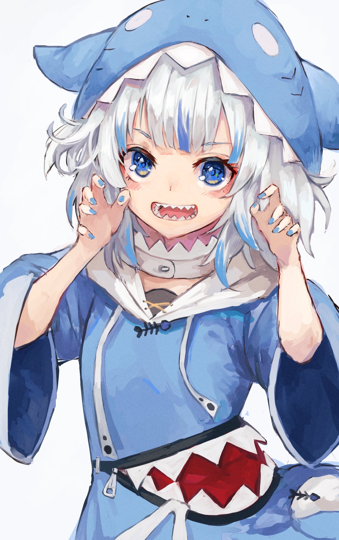 1girl blue_hair blue_hoodie blue_nails blush claw_pose eyebrows_visible_through_hair flat_chest gawr_gura highres hololive hololive_english hood hood_up hoodie multicolored_hair nyucha open_mouth sharp_teeth silver_hair smile solo streaked_hair teeth virtual_youtuber white_background