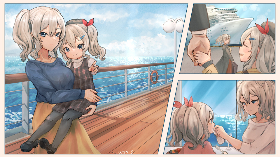 1other 2girls alternate_costume beige_skirt black_legwear blue_eyes blue_sweater carrying commentary_request cowboy_shot cruise_ship dress grey_eyes if_they_mated kantai_collection kashima_(kancolle) mother_and_daughter multiple_girls ocean pantyhose plaid plaid_dress railing silver_hair split_theme standing sweater twintails wavy_hair wss_(nicoseiga19993411)