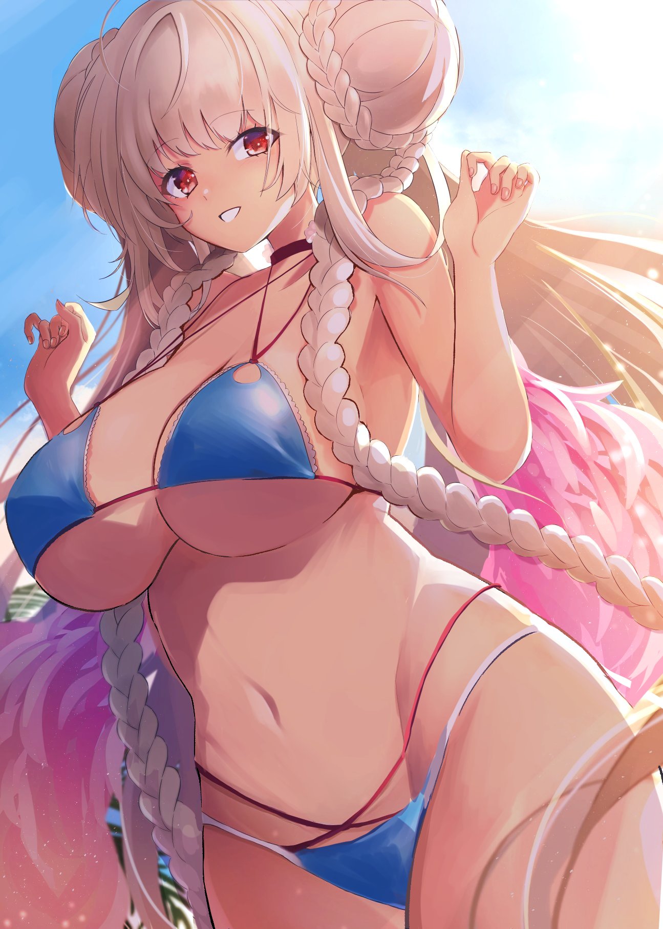 1girl aqua_bikini azur_lane bikini blue_bikini braid braided_bun breasts choker criss-cross_halter double_bun eyebrows_visible_through_hair feather_boa formidable_(azur_lane) formidable_(the_lady_of_the_beach)_(azur_lane) good_meat_day halterneck highres huge_breasts long_hair mizuno_tera multi-strapped_bikini official_alternate_costume pink_choker platinum_blonde_hair red_eyes skindentation solo standing swimsuit very_long_hair