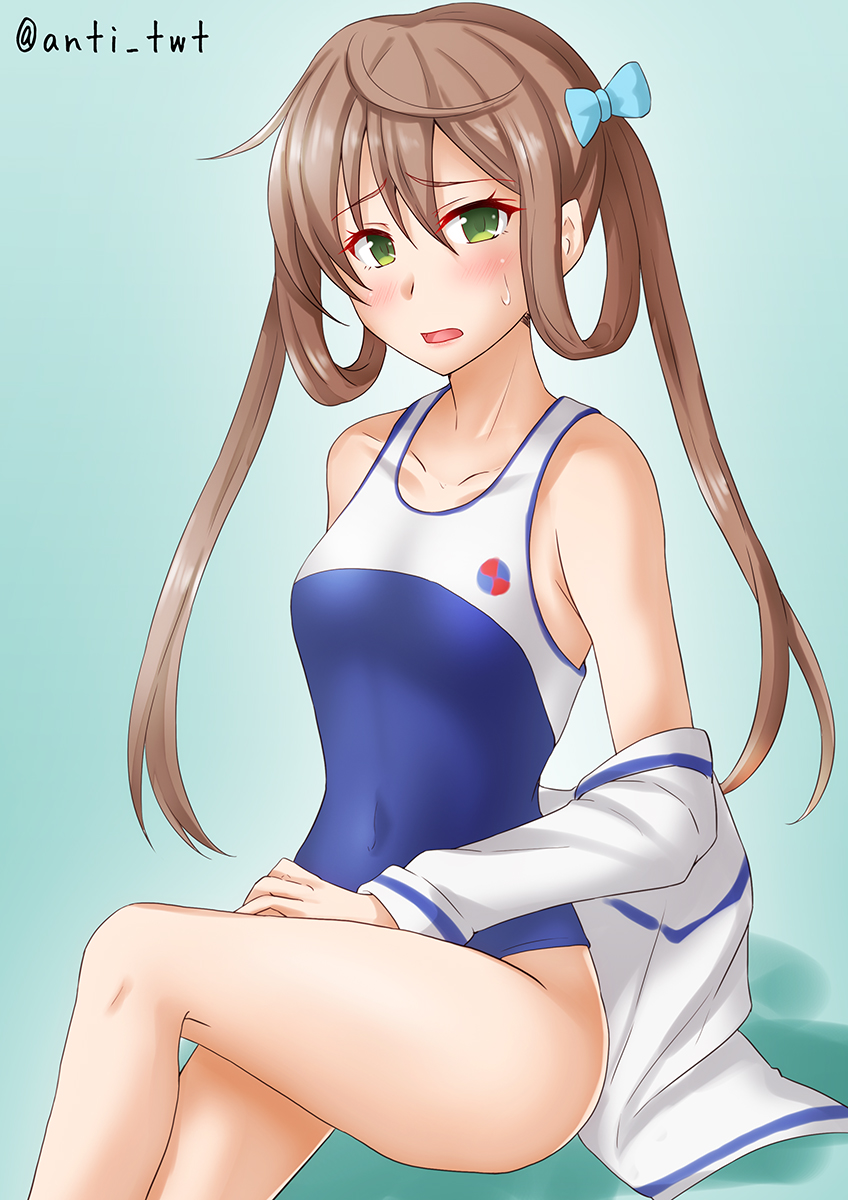 1girl anti_(untea9) asagumo_(kancolle) blue_background blue_ribbon blush breasts brown_hair collarbone covered_navel duplicate eyebrows_visible_through_hair gradient gradient_background green_eyes hair_between_eyes hair_ribbon high_school_fleet highres jacket kantai_collection long_hair looking_at_viewer one-hour_drawing_challenge one-piece_swimsuit open_mouth partially_undressed pixel-perfect_duplicate ribbon school_swimsuit shadow sitting small_breasts solo sweatdrop swimsuit twintails twitter_username white_jacket