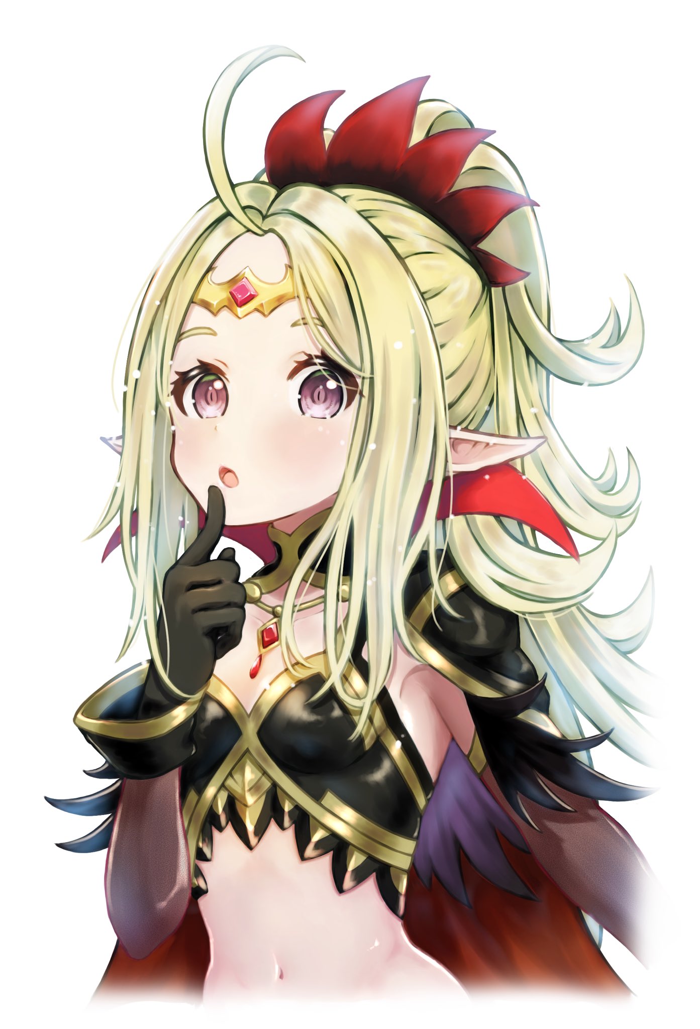 ahoge alternate_costume armpits cape finger_to_mouth fire_emblem fire_emblem_awakening fire_emblem_heroes gloves green_hair headpiece highres howaito_gyuunyuu long_hair looking_at_viewer navel nowi_(fire_emblem) official_alternate_costume pointy_ears ponytail