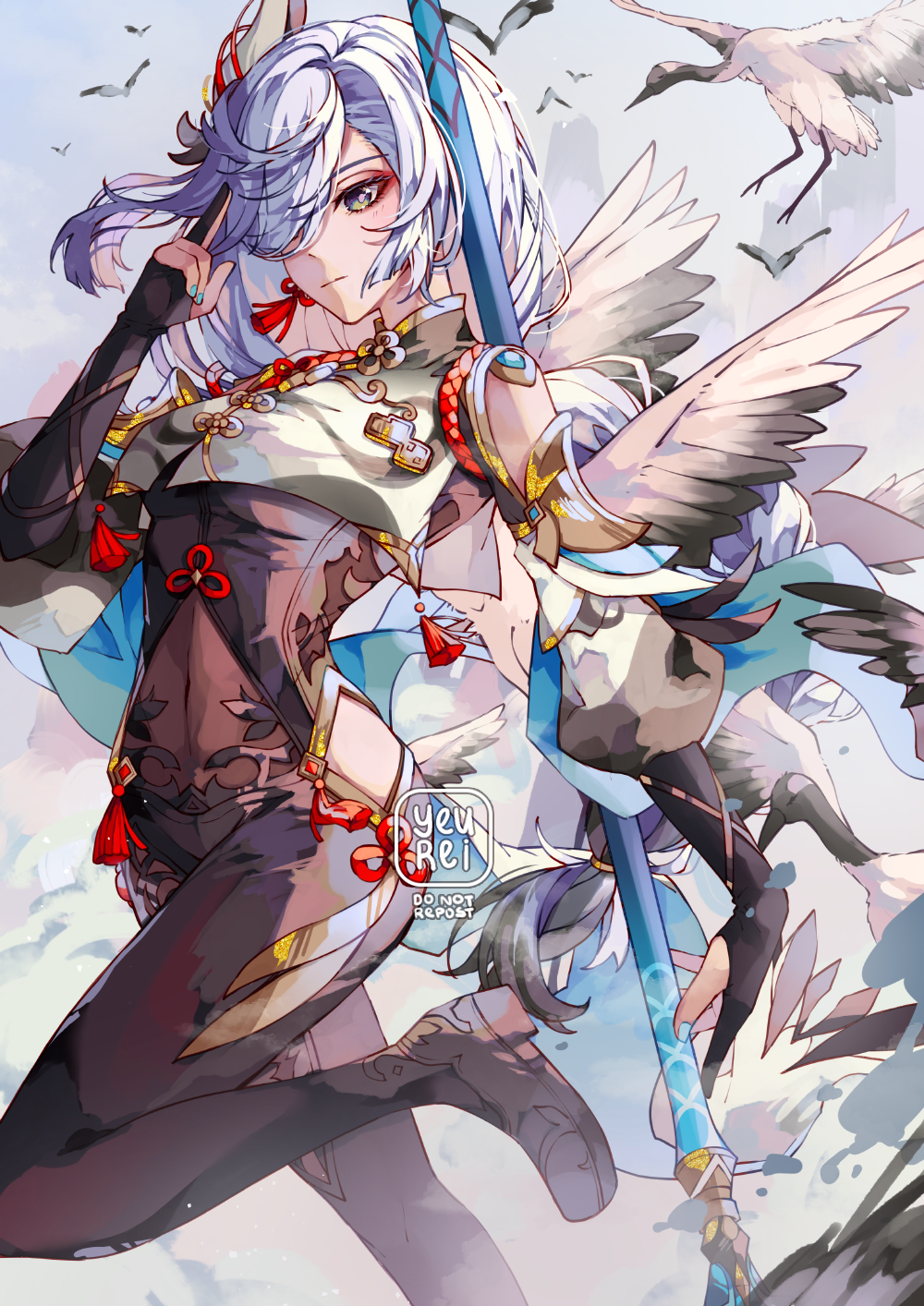 1girl bird bodysuit braid breasts closed_mouth crane_(animal) eyeshadow genshin_impact green_eyes hair_over_one_eye hand_up highres hip_vent holding holding_polearm holding_weapon knee_up long_braid long_hair looking_at_viewer makeup medium_breasts navel polearm shenhe_(genshin_impact) silver_hair single_braid solo weapon yeurei