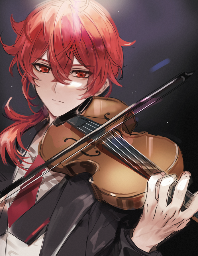 1boy bangs black_background black_coat bow_(music) closed_mouth coat diluc_(genshin_impact) expressionless fractalmagnolia genshin_impact holding holding_instrument instrument long_hair looking_at_viewer low_ponytail male_focus music necktie playing_instrument red_eyes red_necktie redhead shirt sidelocks solo upper_body violin white_shirt