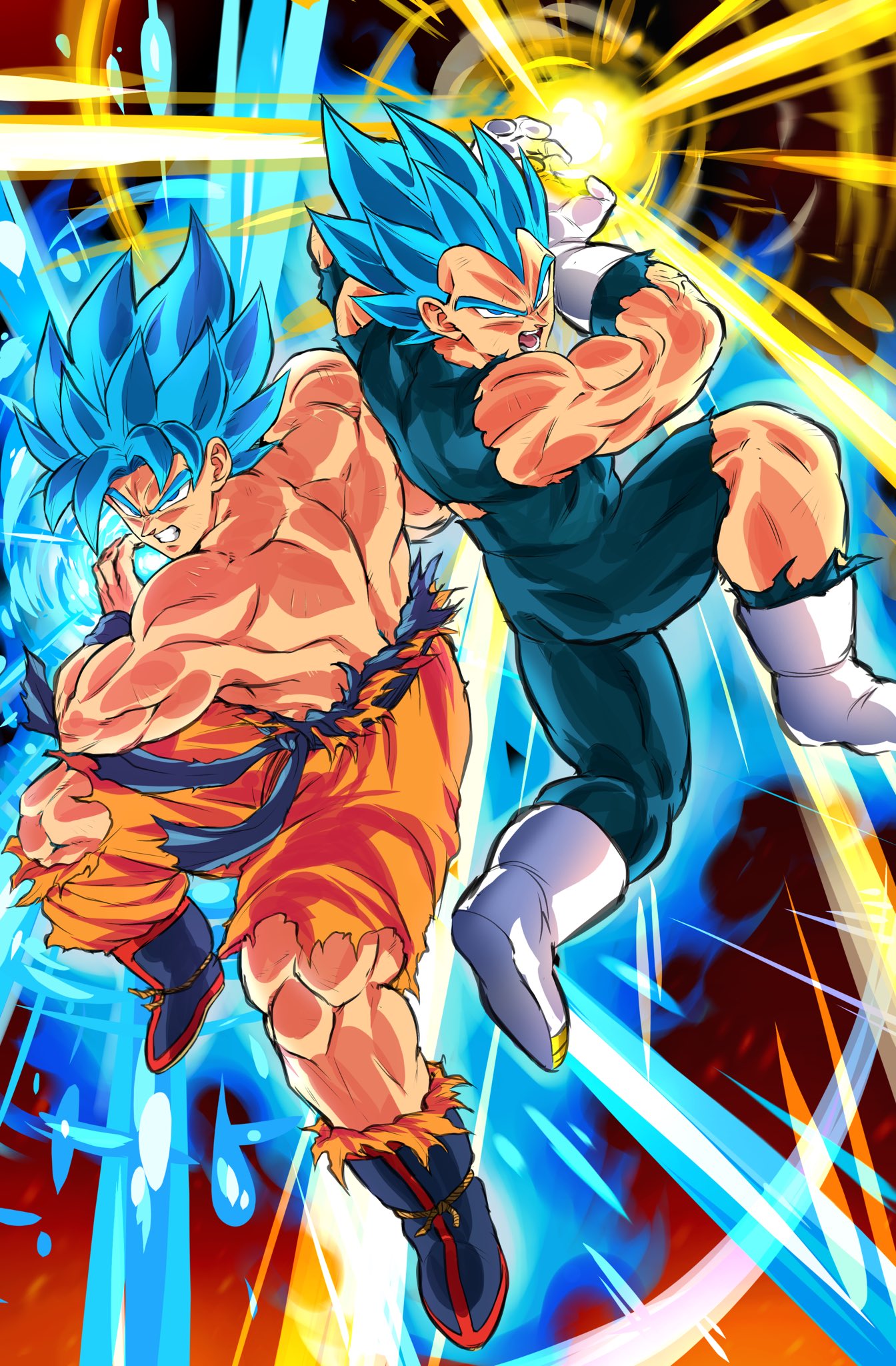 2boys blue_eyes blue_hair boots clenched_teeth dragon_ball dragon_ball_super galick_gun gloves highres incoming_attack kamehameha male_focus multiple_boys muscular muscular_male open_mouth ptmcmx453tma son_goku spiky_hair super_saiyan super_saiyan_blue teeth torn_clothes vegeta white_gloves