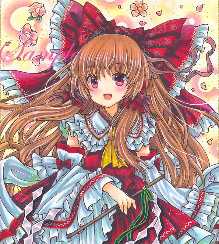 1girl :d ascot bangs blush bow brown_hair cherry_blossom_print cherry_blossoms cowboy_shot detached_sleeves dot_nose dress eyebrows_visible_through_hair floral_background floral_print flower frilled_bow frilled_dress frilled_hair_tubes frilled_shirt_collar frilled_sleeves frills gohei green_ribbon hair_bow hair_tubes hakurei_reimu holding long_hair looking_at_viewer marker_(medium) nontraditional_miko open_mouth petals print_bow red_bow red_dress red_eyes red_ribbon ribbon rui_(sugar3) sample sidelocks smile solo standing touhou traditional_media white_sleeves yellow_background