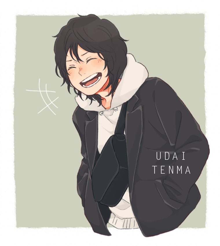 +++ 1boy black_hair black_jacket character_name closed_eyes commentary_request fanny_pack haikyuu!! hands_in_pockets hood hood_down hoodie jacket laugh_111 laughing long_sleeves male_focus medium_hair messy_hair open_mouth solo udai_tenma