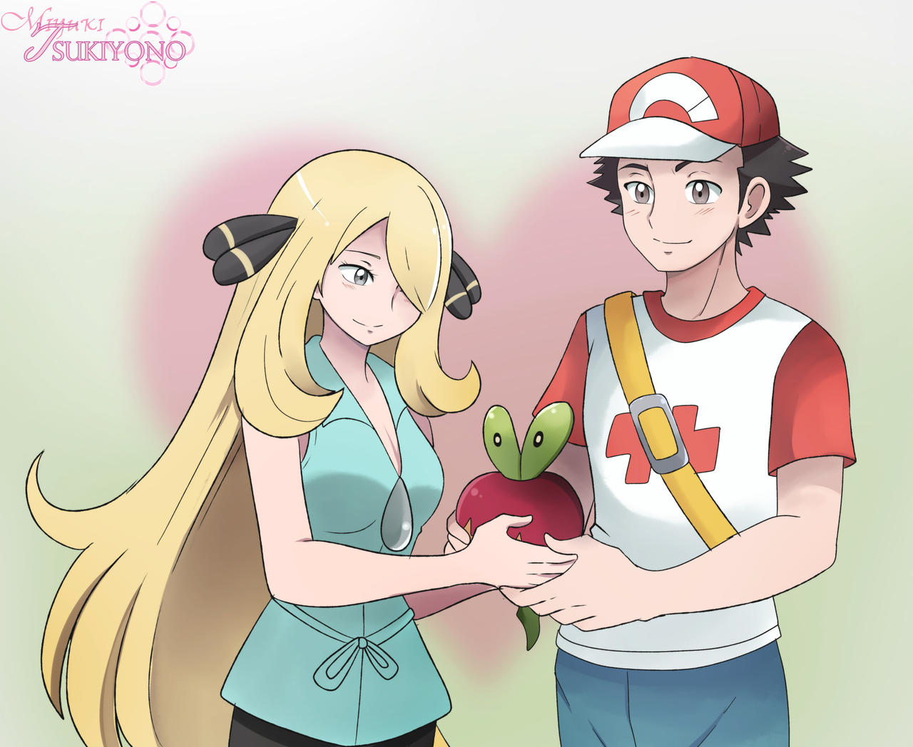 1boy 1girl alternate_costume applin baseball_cap blonde_hair commentary commission cynthia_(pokemon) gift hair_ornament hair_over_one_eye hat heart miyuki_tsukiyono pokemon pokemon_(creature) pokemon_(game) pokemon_dppt pokemon_sm red_(pokemon) shirt t-shirt