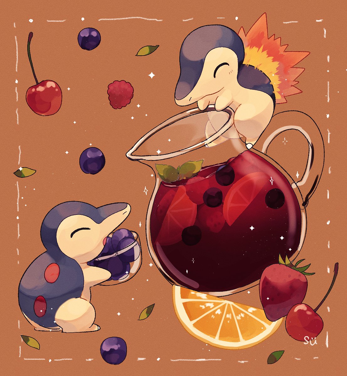 berry bowl brown_background cherry closed_eyes commentary_request cyndaquil fire food framed fruit holding jug leaf no_humans open_mouth orange_(fruit) orange_slice pokemon pokemon_(creature) sparkle strawberry su_(sajo_su5)