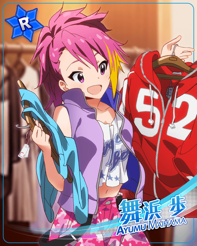 character_name dress idolmaster_million_live!_theater_days long_hair maihama_ayumu pink_eyes pink_hair smile wink