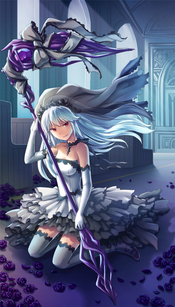 1girl bangs blue_hair bow breasts bridal_veil closed_mouth commentary_request dress elbow_gloves flower frilled_bow frilled_dress frills full_body gloves gradient_dress grey_bow grey_dress grey_legwear holding holding_scythe indoors jewelry long_hair looking_at_viewer medium_breasts natsuya_(kuttuki) necklace purple_flower purple_footwear purple_rose red_eyes rose scythe shoes sitting smile solo strapless strapless_dress thigh-highs veil venus_blade wariza white_dress white_gloves