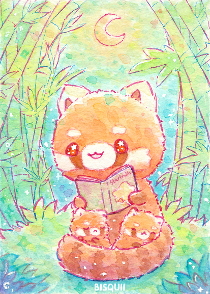 :3 :d animal animal_focus artist_name bamboo bamboo_forest bisquii chibi closed_mouth commentary crescent_moon family foliage forest grass moon nature night night_sky no_humans open_mouth original painting_(medium) panda reading red_eyes red_panda sky sleeping smile sparkle sparkling_eyes star_(symbol) traditional_media watercolor_(medium)