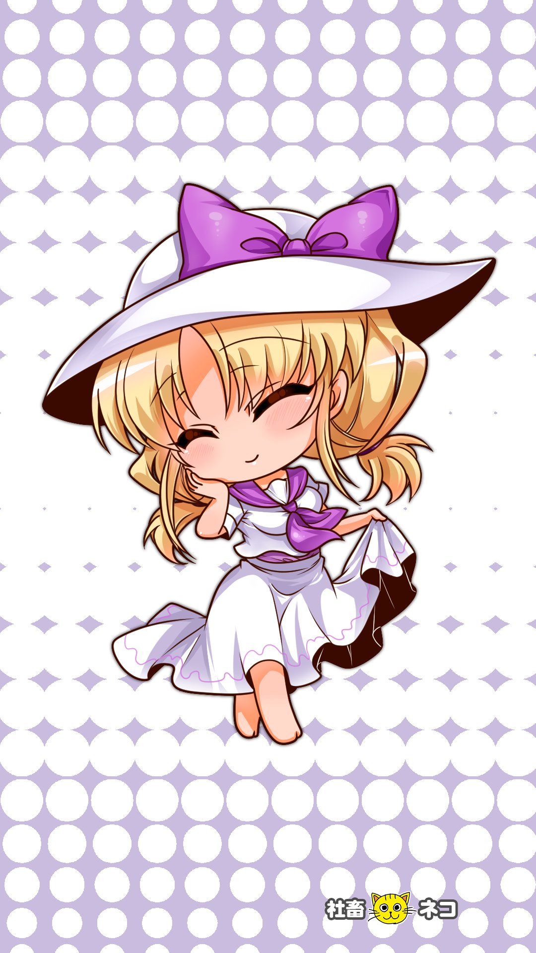 1girl barefoot blonde_hair bow chibi closed_eyes commentary_request hand_on_own_face hat hat_bow highres holding holding_clothes holding_skirt louise_(touhou) medium_hair purple_bow purple_sailor_collar sailor_collar shachikuneko000 shirt skirt smile sun_hat touhou touhou_(pc-98) twintails white_shirt white_skirt