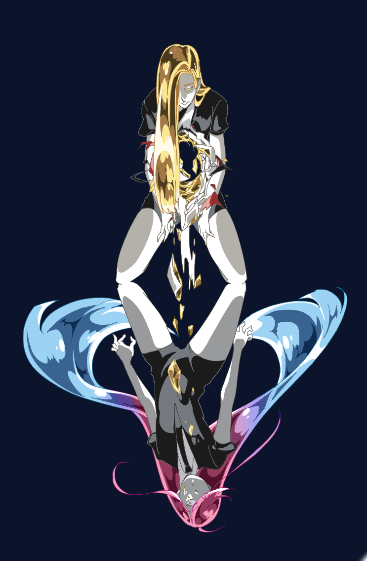 2others akihiko_(sw4553) alexandrite_(houseki_no_kuni) androgynous black_background black_necktie black_neckwear black_shorts blonde_hair blue_hair chrysoberyl_(houseki_no_kuni) collared_shirt colored_eyelashes colored_skin crystal_hair gem_uniform_(houseki_no_kuni) gradient_hair hair_over_one_eye houseki_no_kuni long_hair multicolored_hair multiple_others necktie other_focus red_eyes redhead shirt short_sleeves shorts simple_background smile white_skin