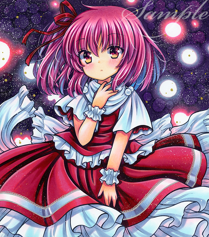 1girl back_bow bangs blush bow cowboy_shot dress eyebrows_visible_through_hair frilled_bow frilled_cuffs frilled_dress frills hair_between_eyes hair_ribbon hand_on_own_neck hand_up looking_at_viewer marker_(medium) medium_hair pink_hair red_dress red_eyes red_ribbon ribbon rui_(sugar3) sample sara_(touhou) shikishi short_sleeves side_ponytail solo space standing star_(sky) starry_background touhou touhou_(pc-98) traditional_media white_bow white_sleeves wrist_cuffs