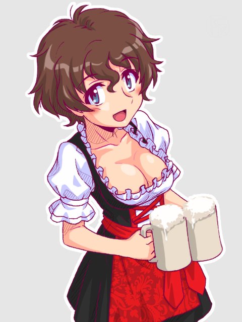 1girl akaboshi_koume alcohol apron bangs beer beer_mug black_dress blue_eyes breasts brown_hair commentary_request cowboy_shot cup dirndl dress frilled_sleeves frills german_clothes girls_und_panzer grey_background holding holding_cup looking_at_viewer medium_breasts mug oosaka_kanagawa open_mouth outline puffy_short_sleeves puffy_sleeves red_apron short_dress short_hair short_sleeves simple_background smile solo standing waist_apron waitress wavy_hair white_outline