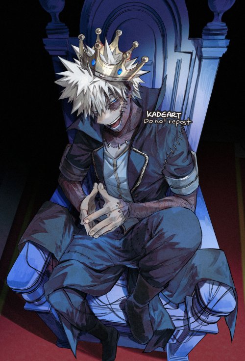 1boy artist_name bangs black_footwear black_jacket black_pants boku_no_hero_academia boots burn_scar chair crown dabi_(boku_no_hero_academia) fingers_together grey_shirt jacket kadeart knee_boots knee_up male_focus open_mouth pants scar shirt short_sleeves sitting smile solo spiky_hair spoilers stitches teeth