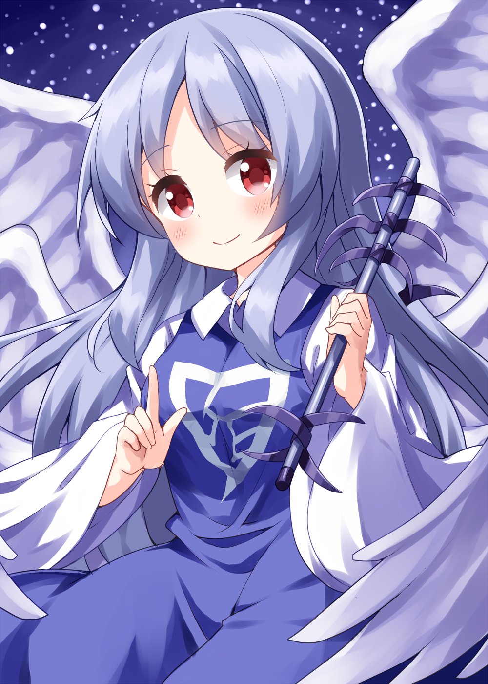 1girl angel blue_dress blue_hair blush breasts collared_shirt commentary dress eyebrows eyelashes highres light_blue_hair long_hair long_sleeves multiple_wings one-hour_drawing_challenge pointing red_eyes ruu_(tksymkw) sariel_(touhou) shirt small_breasts smile touhou touhou_(pc-98) upper_body very_long_hair wand white_shirt wide_sleeves wings