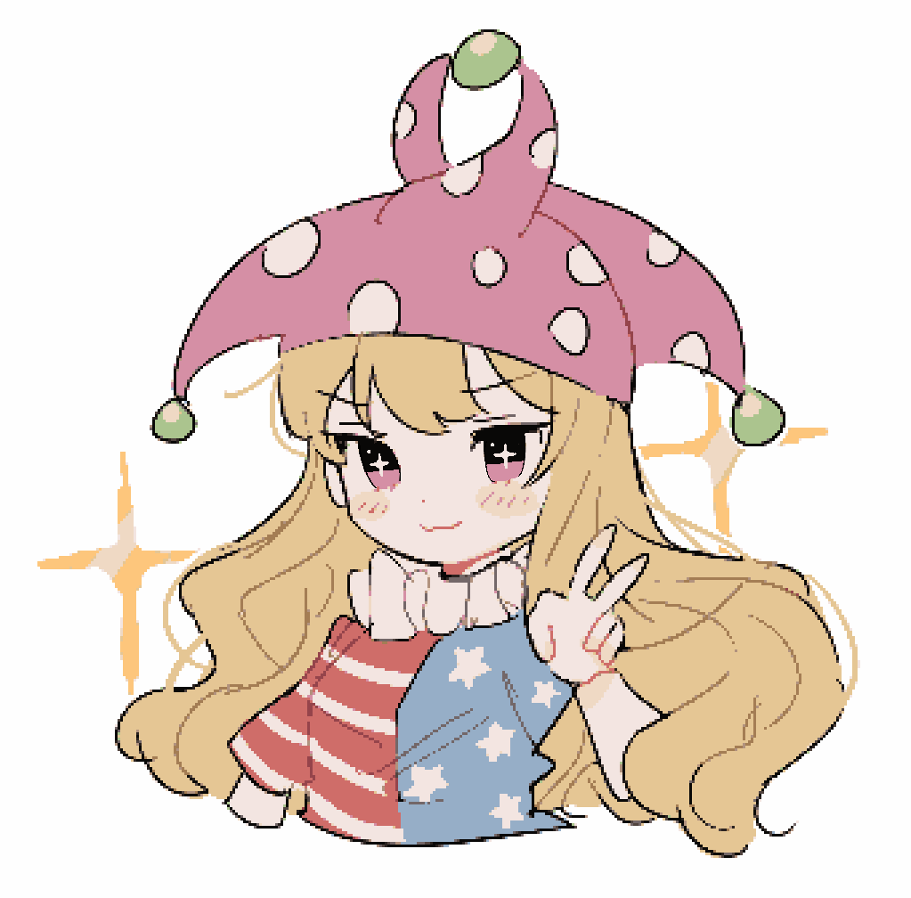 +_+ 1girl american_flag_shirt bangs black_eyes blonde_hair blue_shirt blue_sleeves blush breasts closed_mouth clownpiece eyebrows_visible_through_hair hand_up hat jester_cap long_hair looking_at_viewer medium_breasts multicolored_clothes multicolored_shirt neck_ruff pink_eyes pink_headwear polka_dot rbfnrbf_(mandarin) red_shirt red_sleeves shirt short_sleeves simple_background smile solo star_(symbol) star_print striped striped_shirt touhou upper_body v wavy_hair white_background white_shirt white_sleeves