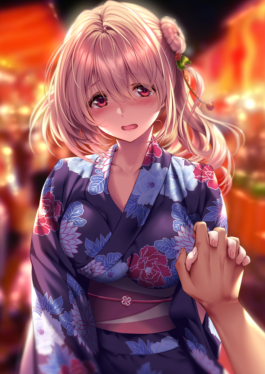 1girl bangs blonde_hair blush breasts celebration eyebrows_behind_hair eyebrows_visible_through_hair flower hair_flower hair_ornament hanikami_kanojo highres hiiragi_sano holding_hands japanese_clothes kimono light long_hair looking_at_viewer night open_mouth piromizu red_eyes summer yukata