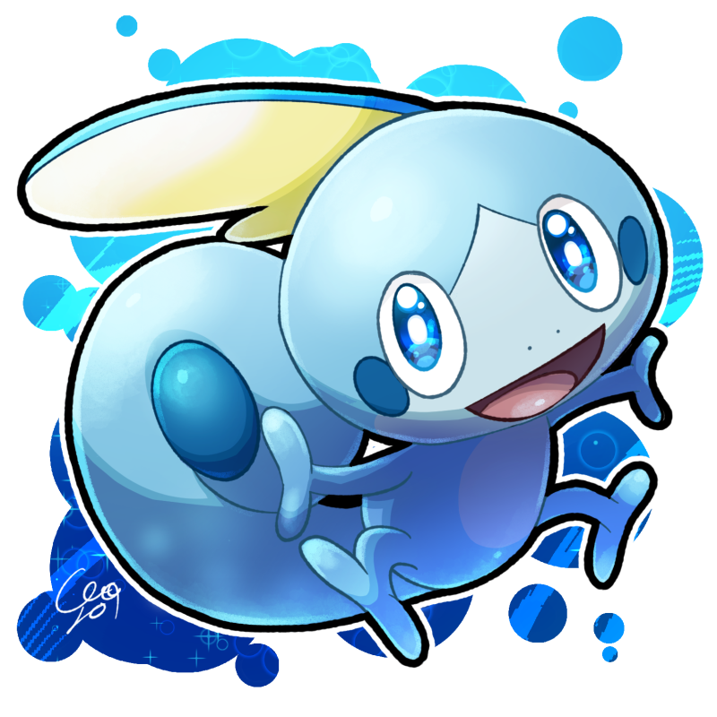 blue_eyes bright_pupils commentary_request full_body karo-chan_(buttpurun) looking_at_viewer no_humans open_mouth outline pokemon pokemon_(creature) signature sobble solo tongue white_pupils