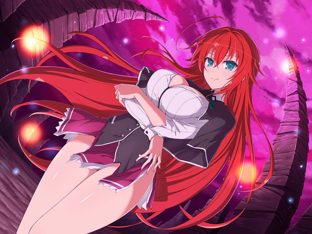 1girl ahoge bangs black_capelet black_neckwear blue_eyes breasts capelet corset crossed_arms crossover high_school_dxd kuoh_academy_school_uniform large_breasts long_hair looking_at_viewer official_art open_clothes open_shirt redhead rias_gremory school_uniform senran_kagura senran_kagura_new_link shirt sidelocks skirt smile solo standing white_shirt yaegashi_nan