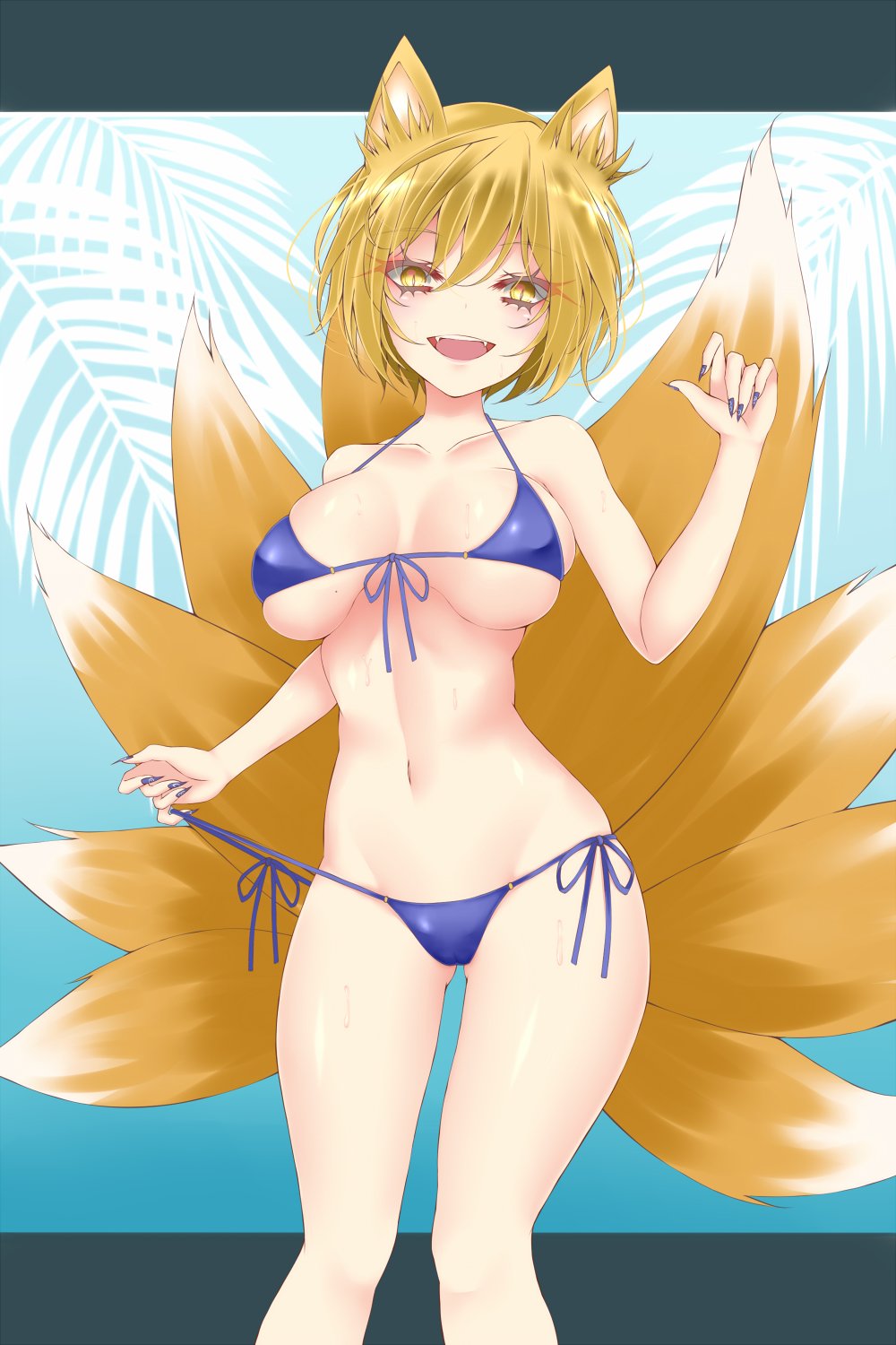 1girl :d alternate_costume animal_ear_fluff animal_ears arm_up bangs bare_shoulders blonde_hair blue_nails blue_swimsuit blush breasts collarbone commentary_request dai_zu_san eyebrows_visible_through_hair eyelashes fangs fingernails fox_ears fox_tail hair_between_eyes highres kitsune knees large_breasts letterboxed looking_at_viewer multiple_tails nail_polish navel open_mouth sharp_fingernails shiny shiny_skin short_hair slit_pupils smile solo standing stomach string_pull sweat swimsuit tail thighs tongue touhou yakumo_ran yellow_eyes