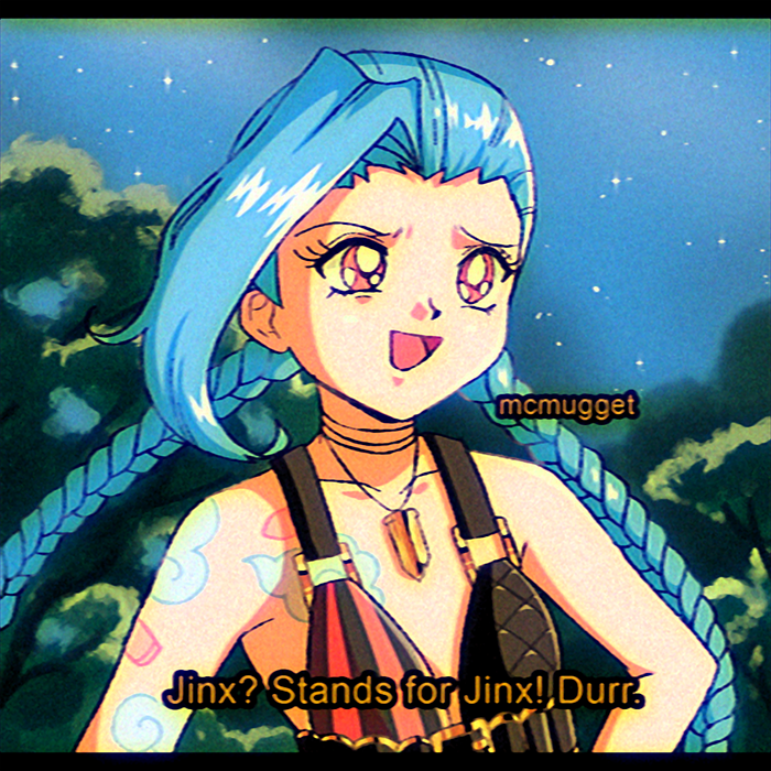 1990s_(style) 1girl :d artist_name asymmetrical_bangs bandaid bandaid_on_arm bangs bare_arms bare_shoulders blue_hair braid bullet collarbone english_commentary english_text flat_chest jewelry jinx_(league_of_legends) league_of_legends long_hair mcmugget necklace night open_mouth outdoors pink_eyes retro_artstyle shiny shiny_hair smile solo subtitled tree twin_braids upper_body