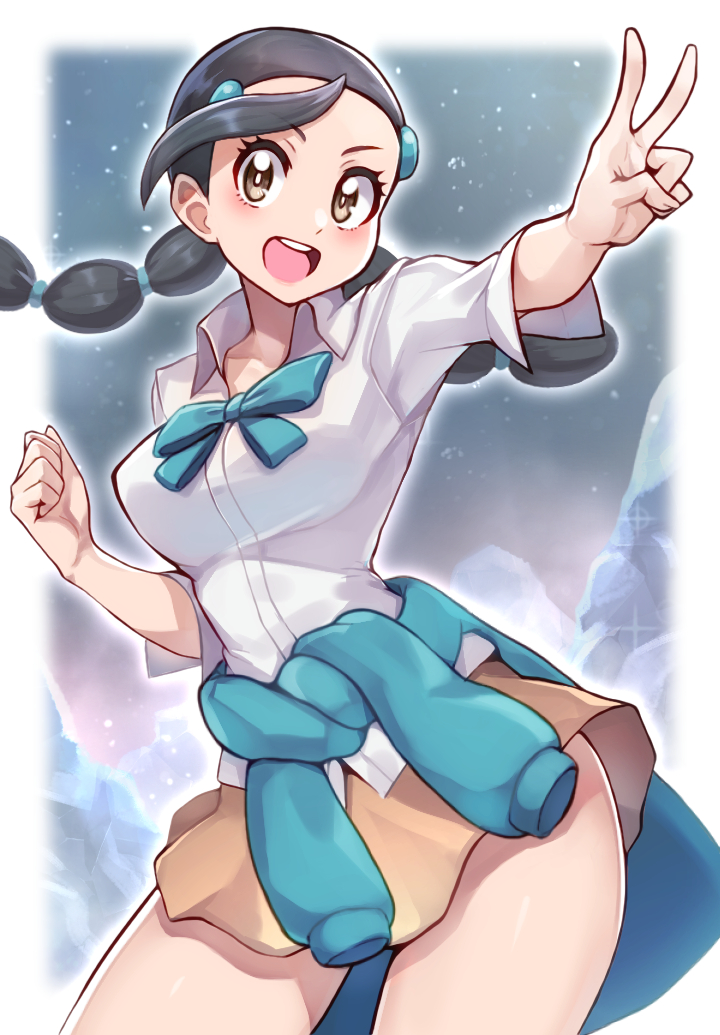 1girl :d black_hair blush brown_eyes brown_skirt candice_(pokemon) clenched_hand clothes_around_waist commentary_request cowboy_shot eyelashes hair_ornament hairclip long_hair miniskirt multi-tied_hair night open_mouth outdoors pokemon pokemon_(game) pokemon_dppt shiny shiny_skin shirt skirt sky smile solo sweater sweater_around_waist teeth tongue twintails upper_teeth v white_shirt yasu_suupatenin