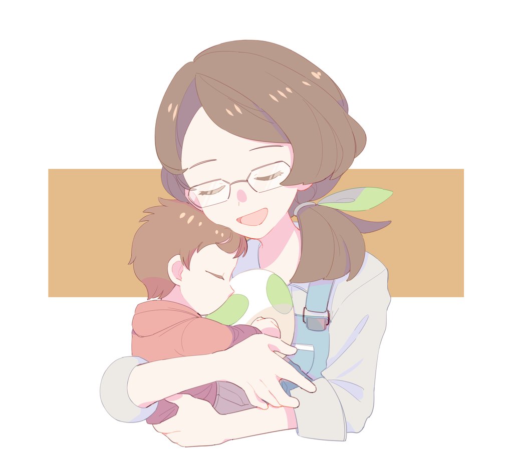 1boy 1girl :d blue_overalls brown_hair carrying closed_eyes commentary_request egg eyelashes galar_mother glasses green_ribbon grey_shirt hair_ribbon hair_tie holding holding_egg jiugong_chi long_hair mother_and_son open_mouth overalls pokemon pokemon_(game) pokemon_egg pokemon_swsh ribbon shirt sleeves_rolled_up smile tied_hair tongue victor_(pokemon) younger