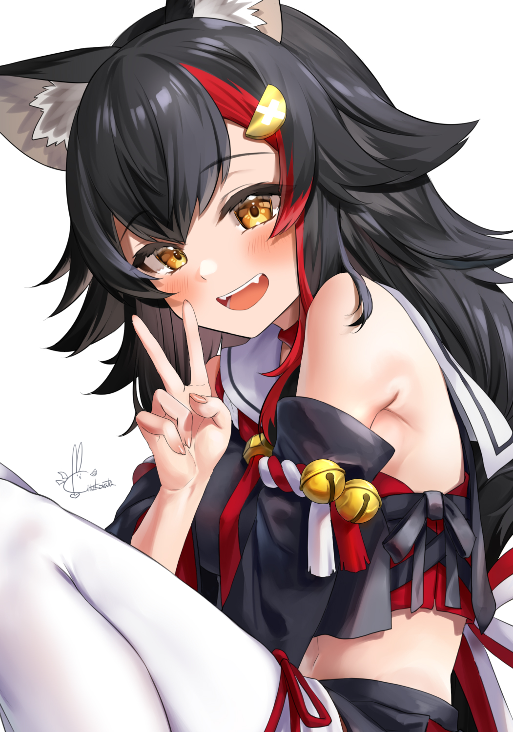 1girl :d animal_ear_fluff animal_ears bangs bare_shoulders bell black_hair blush brown_eyes detached_sleeves eyebrows_visible_through_hair from_side hair_ornament hand_up highres hololive jingle_bell kito_koruta knees_up kouhaku_nawa long_hair looking_at_viewer multicolored_hair ookami_mio open_mouth redhead sailor_collar signature simple_background smile solo streaked_hair thigh-highs v virtual_youtuber white_background white_legwear white_sailor_collar wolf_ears