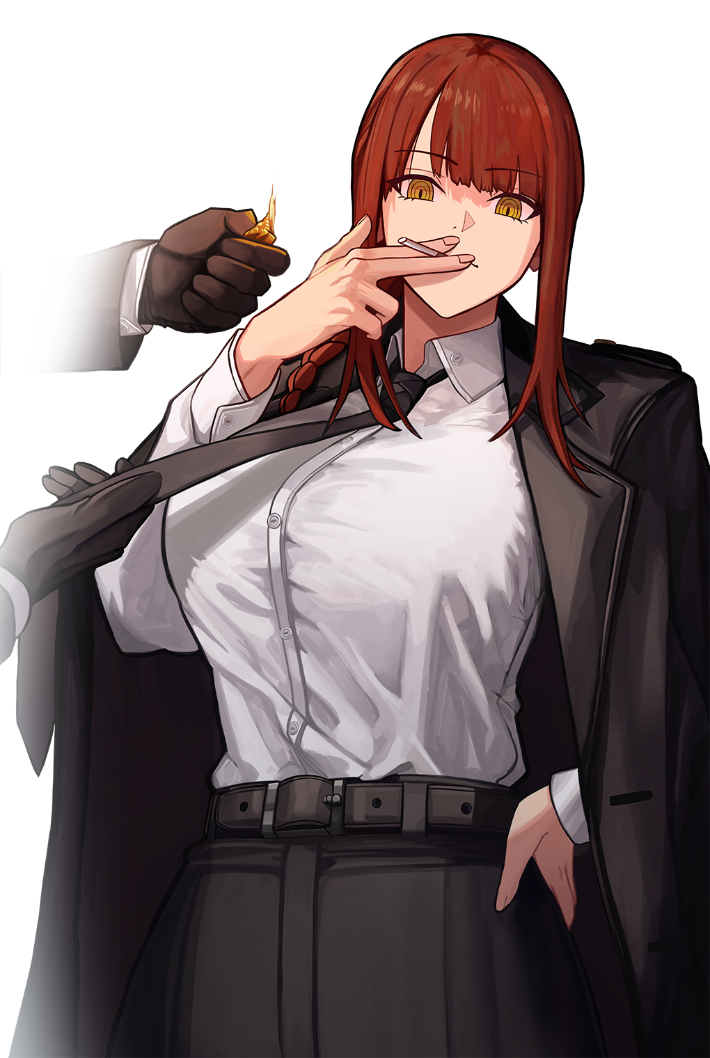 1girl 1other @_@ belt black_jacket black_necktie braid breasts chainsaw_man cigarette cowboy_shot eyebrows_visible_through_hair fkskii65 gloves hand_on_hip highres holding_neckwear jacket jacket_on_shoulders large_breasts long_hair looking_at_viewer makima_(chainsaw_man) necktie redhead shirt shirt_tucked_in simple_background smoking solo_focus white_shirt wing_collar yellow_eyes