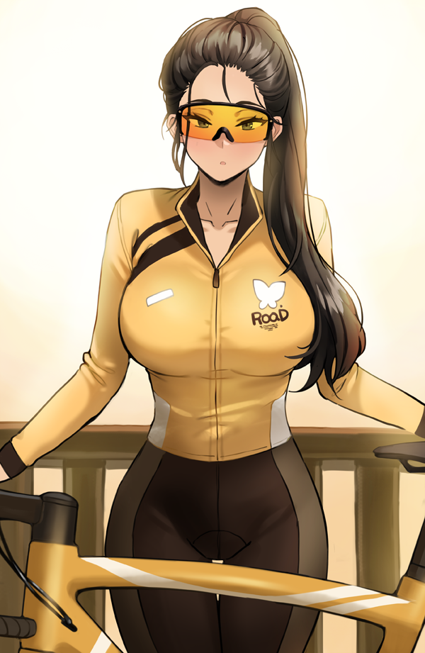 1girl banned_artist bicycle bike_jersey bike_shorts biker_clothes bikesuit black_hair blue_eyes bodysuit breasts collar curvy glasses ground_vehicle kkamja large_breasts leggings original partially_unzipped ponytail solo sunglasses thigh_gap thighs zipper