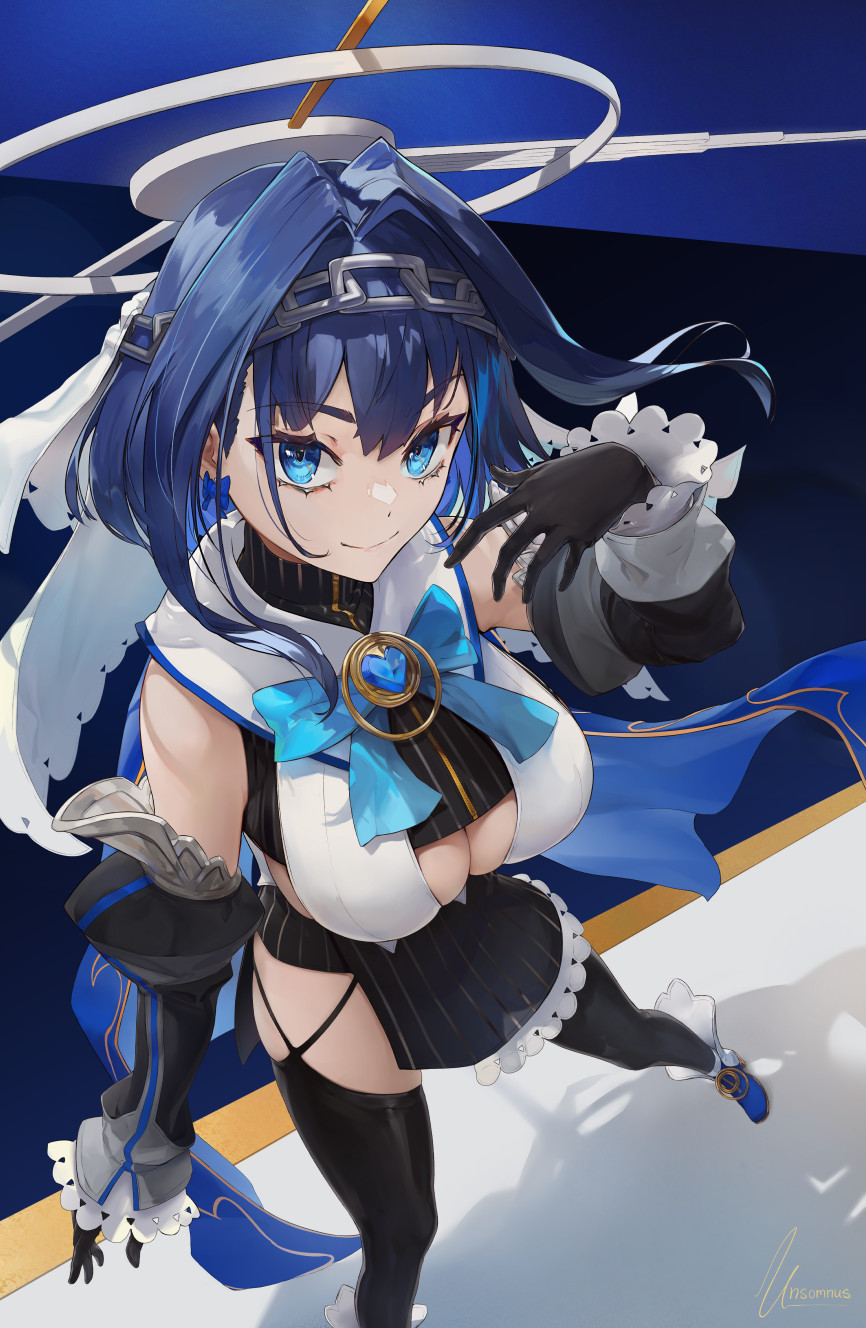 1girl artist_name blue_eyes blue_hair bow bow_earrings bowtie breasts chain commentary detached_sleeves earrings english_commentary eyebrows_visible_through_hair gloves hair_between_eyes heart highres hololive hololive_english jewelry large_breasts looking_at_viewer ouro_kronii skirt smile solo thigh-highs unsomnus virtual_youtuber watermark