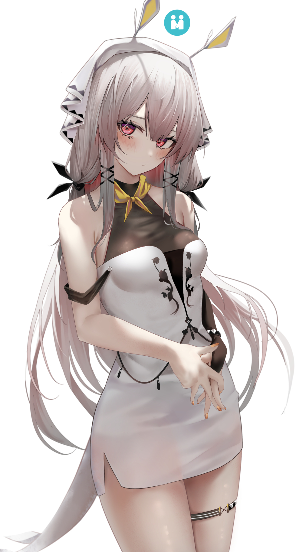1girl arknights bare_arms bare_shoulders breasts closed_mouth cowboy_shot dress grey_hair highres long_hair looking_at_viewer medium_breasts own_hands_together red_eyes ru_zhai short_dress side_slit simple_background sleeveless sleeveless_dress solo standing tail thigh_strap thighs veil very_long_hair weedy_(arknights) white_background white_dress yellow_neckwear