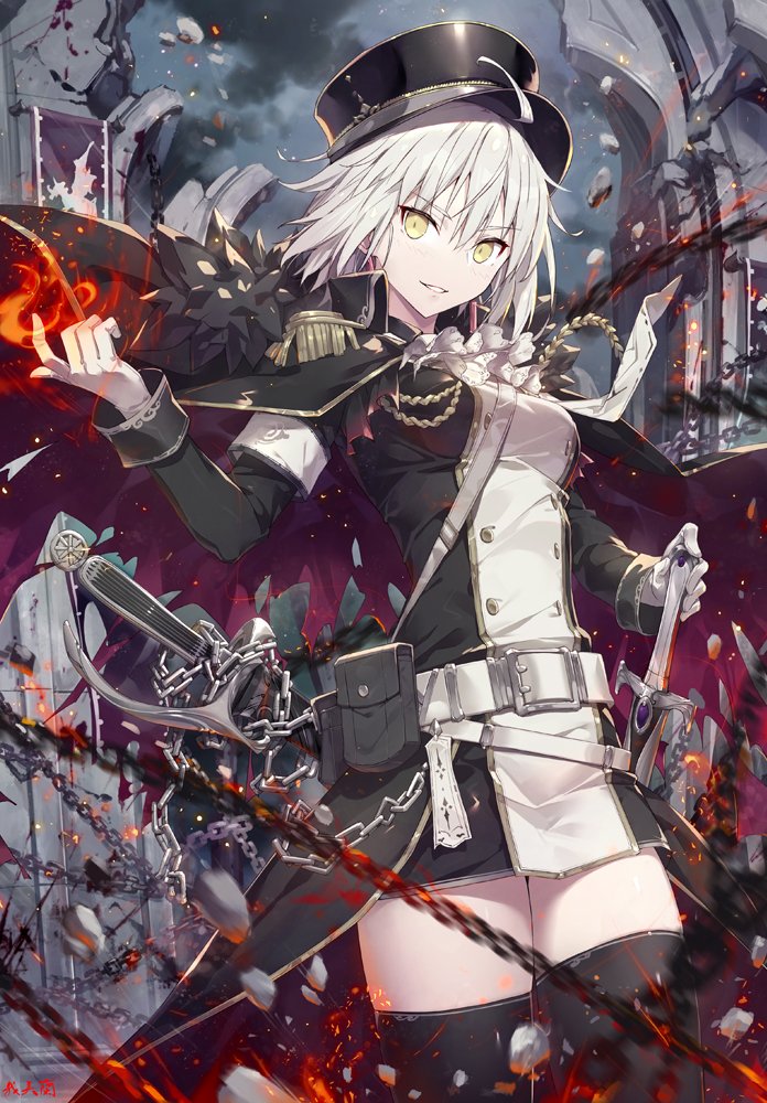 1girl aiguillette ascot bangs belt black_cape black_dress black_headwear black_legwear breasts buttons cape chain double-breasted dress epaulettes fate/grand_order fate_(series) fire fur_trim gabiran grin hat jeanne_d'arc_(alter)_(fate) jeanne_d'arc_(fate) large_breasts long_sleeves looking_at_viewer peaked_cap pouch short_hair silver_hair smile solo sword thigh-highs two-tone_dress uniform waist_cape weapon white_dress yellow_eyes