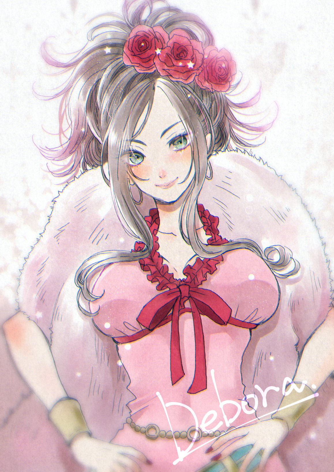 belly_chain black_hair blue_eyes bow bracer breasts closed_mouth deborah_(dq5) dragon_quest dragon_quest_v dress feather_boa flower hair_flower hair_ornament hair_up hands_on_hips highres jewelry large_breasts long_hair nail_polish outsuba_itaru pink_dress red_flower red_nails red_rose rose smile