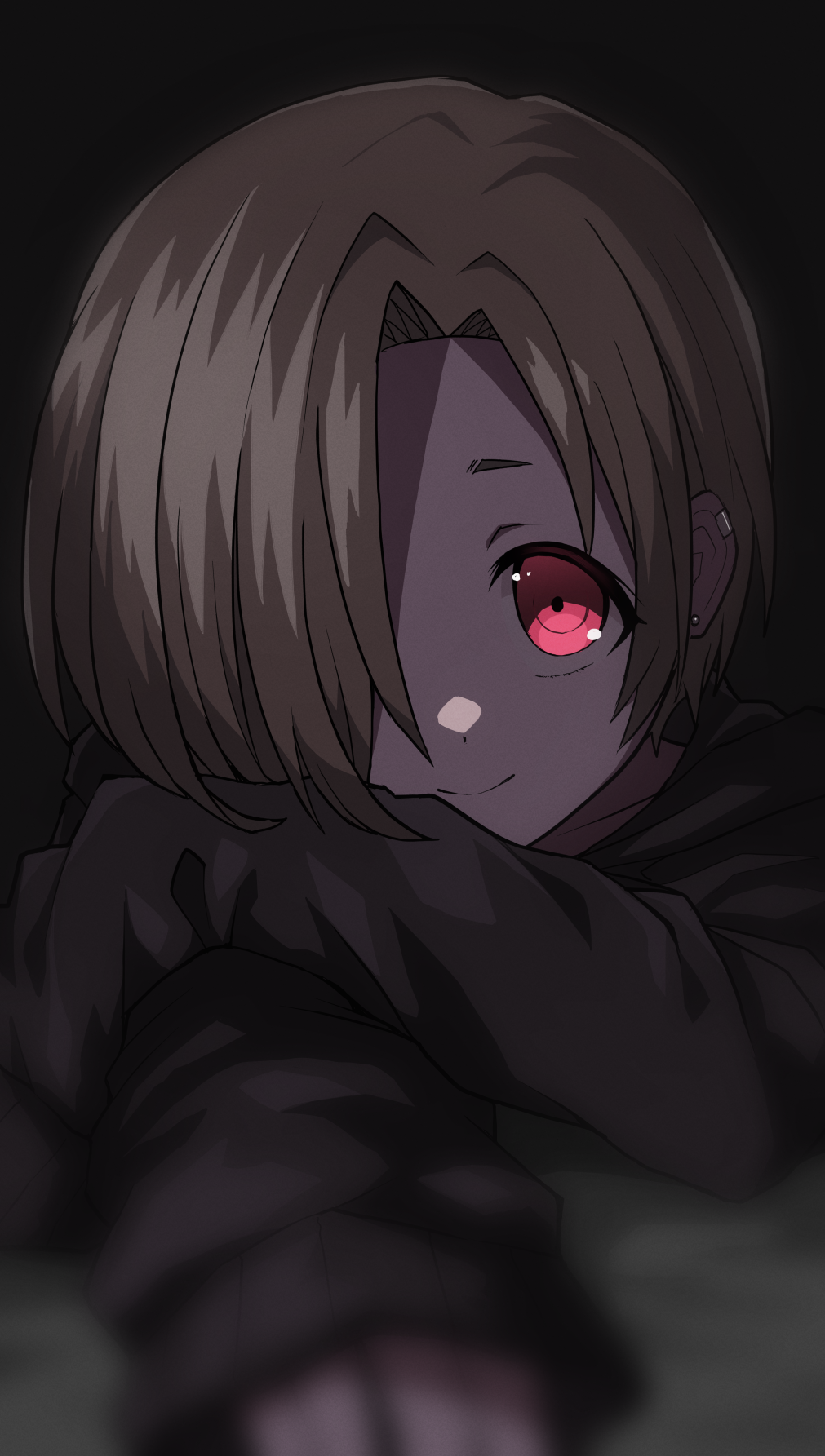 1girl black_sweater blonde_hair closed_mouth hair_intakes hair_over_one_eye halulu highres idolmaster idolmaster_cinderella_girls long_sleeves looking_at_viewer red_eyes shirasaka_koume short_hair sleeves_past_wrists smile solo sweater upper_body