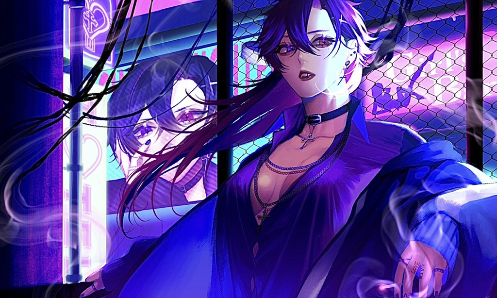 1girl breasts breasts_apart brown_eyes character_request choker copyright_request cross cross_necklace ear_piercing earrings fence hair_between_eyes jewelry kamato_il long_hair looking_at_viewer medium_breasts necklace parted_lips piercing purple_hair ring smoke upper_body wire
