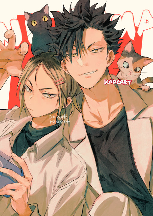 2boys :&lt; animal_on_head animal_on_shoulder artist_name black_cat black_hair black_shirt blonde_hair brown_eyes cat cat_on_head cat_on_shoulder claw_pose closed_mouth collarbone collared_shirt forehead haikyuu!! hair_between_eyes hair_ornament hairclip hand_up jacket kadeart kitten kozume_kenma kuroo_tetsurou looking_at_viewer male_focus multicolored_hair multiple_boys on_head open_clothes open_jacket parted_lips playing_games shirt short_hair simple_background slit_pupils spiky_hair streaked_hair symbol-only_commentary two-tone_hair upper_body v-shaped_eyebrows yellow_eyes