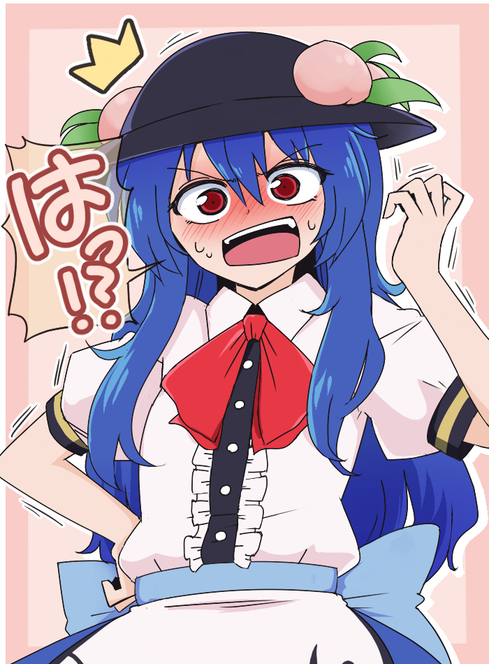 !? 1girl back_bow bangs black_headwear blue_hair blush bow buttons center_frills collared_dress commentary_request dress embarrassed eyebrows_visible_through_hair eyelashes frills fruit_hat_ornament hand_on_hip hinanawi_tenshi leaf long_hair looking_at_viewer open_mouth peach_hat_ornament puffy_short_sleeves puffy_sleeves red_neckwear red_ribbon ribbon shio_(futatsumami) shirt short_sleeves sidelocks simple_background solo standing sweat sweatdrop teeth tongue touhou translation_request upper_body upper_teeth v-shaped_eyebrows white_dress white_shirt wing_collar