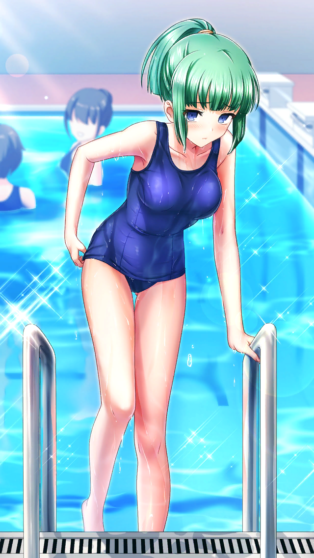 3girls adjusting_clothes adjusting_swimsuit bangs bare_legs blue_eyes blue_swimsuit blunt_bangs blurry blurry_background blush breasts closed_mouth collarbone doukyuusei_another_world game_cg green_hair iijima_miyuki kakyuusei long_hair looking_at_viewer medium_breasts multiple_girls official_art ponytail pool pool_ladder school_swimsuit shiny shiny_hair sidelocks solo_focus sparkle swimsuit thigh_gap