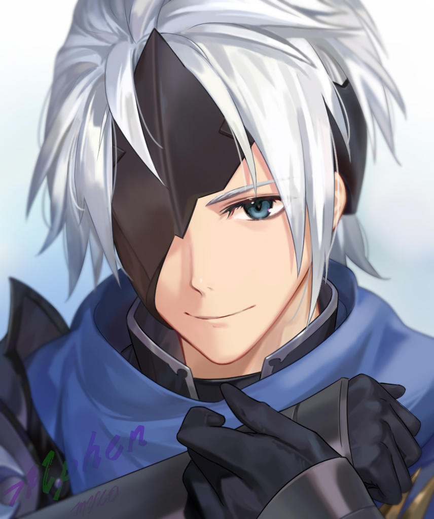 1boy alphen_(tales) bishounen black_gloves blue_eyes closed_mouth gloves male_focus mask peach_luo short_hair silver_hair smile solo tales_of_(series) tales_of_arise