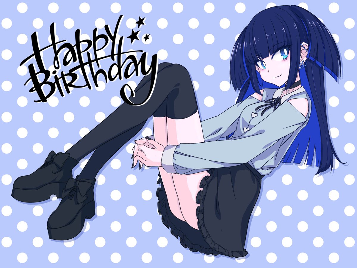 1girl bangs black_skirt blue_background blue_eyes blue_hair blue_shirt bright_pupils clothing_cutout colored_inner_hair earrings eyebrows_visible_through_hair floating gothic_lolita hair_behind_ear happy_birthday indie_virtual_youtuber jewelry legs lolita_fashion minawashiro multicolored_hair nail_polish neck_ribbon otowa_rinne own_hands_together polka_dot polka_dot_background red_ribbon ribbon shirt shirt_tucked_in shoulder_cutout skirt solo star_(symbol) thigh-highs two_side_up virtual_youtuber white_pupils