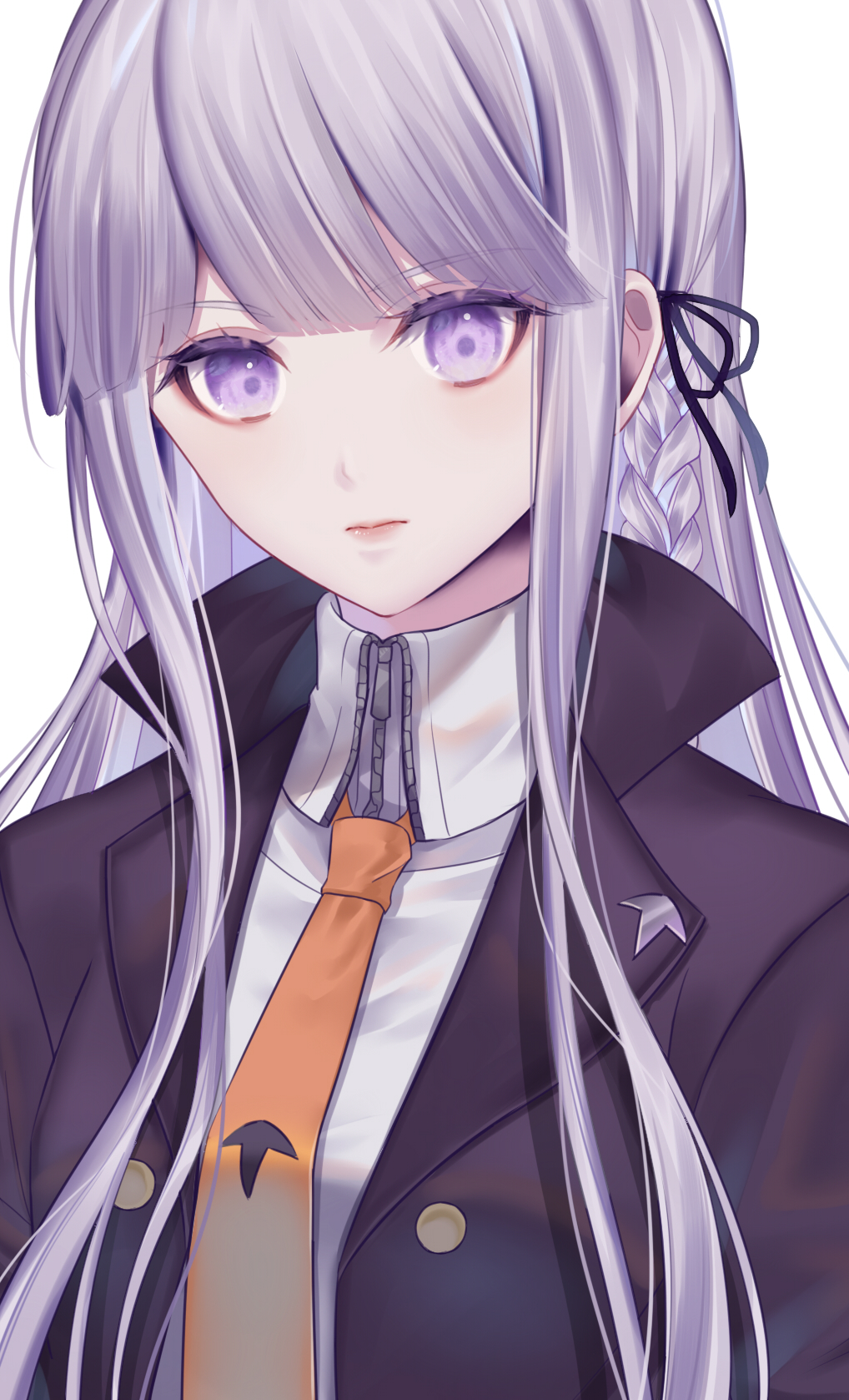 1girl azaka_(rionrita) bangs black_jacket black_ribbon braid brown_necktie closed_mouth collared_shirt danganronpa:_trigger_happy_havoc danganronpa_(series) eyebrows_visible_through_hair grey_background grey_shirt hair_ribbon highres jacket kirigiri_kyouko long_hair looking_at_viewer necktie open_clothes open_jacket purple_hair ribbon shirt simple_background single_braid solo upper_body violet_eyes