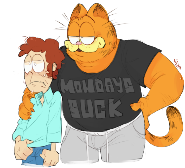 2boys animal_ears aqua_shirt artist_name brown_hair cat cat_ears cat_tail collared_shirt curly_hair denim english_text fingernails frown garfield garfield_(character) hand_on_hip jeans jon_arbuckle multiple_boys orange_fur pants print_shirt sharp_fingernails shirt short_hair simple_background sweat tail vilyavlopick white_background