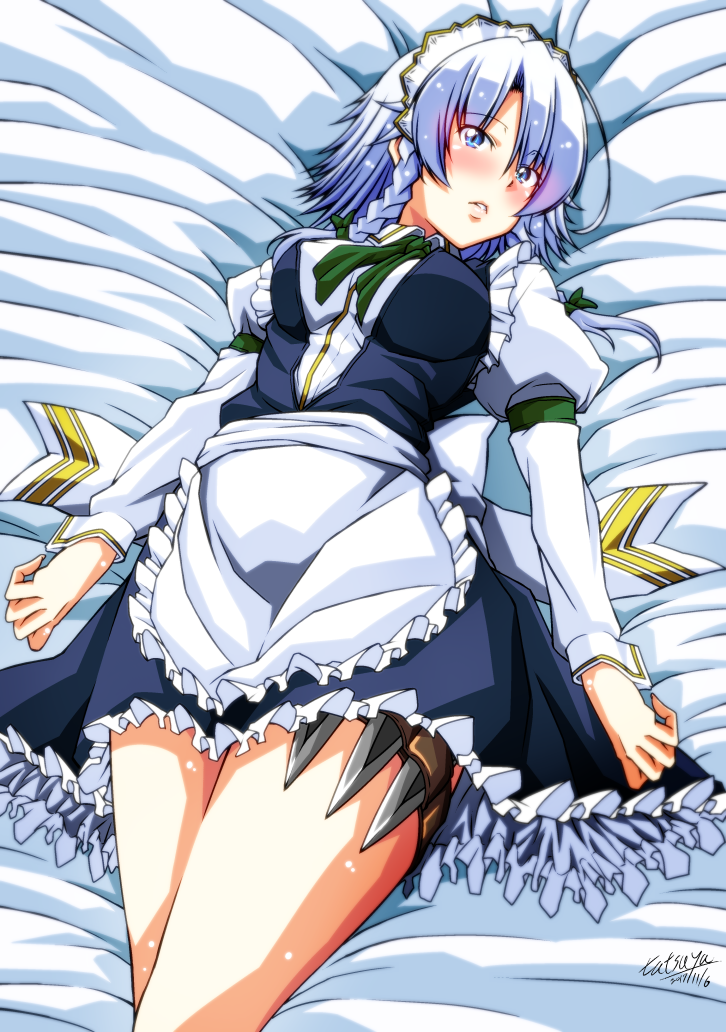 1girl apron ascot back_bow bangs bed_sheet black_panties blue_eyes blue_vest blush bow closed_mouth collared_shirt commentary_request dated dress earrings eyebrows_visible_through_hair eyelashes fingernails frilled_apron frilled_dress frills green_ascot green_neckwear green_ribbon hair_ribbon holster izayoi_sakuya jewelry juliet_sleeves knife knife_holster long_sleeves looking_at_viewer lying maid_apron medium_hair on_back on_bed panties parted_bangs puffy_short_sleeves puffy_sleeves ribbon sash shiny shiny_hair shiny_skin shirt short_sleeves sidelocks signature silver_hair solo tatsuya_(guild_plus) thigh_holster thighs touhou tress_ribbon underwear vest white_apron white_sash white_shirt wing_collar wrist_cuffs