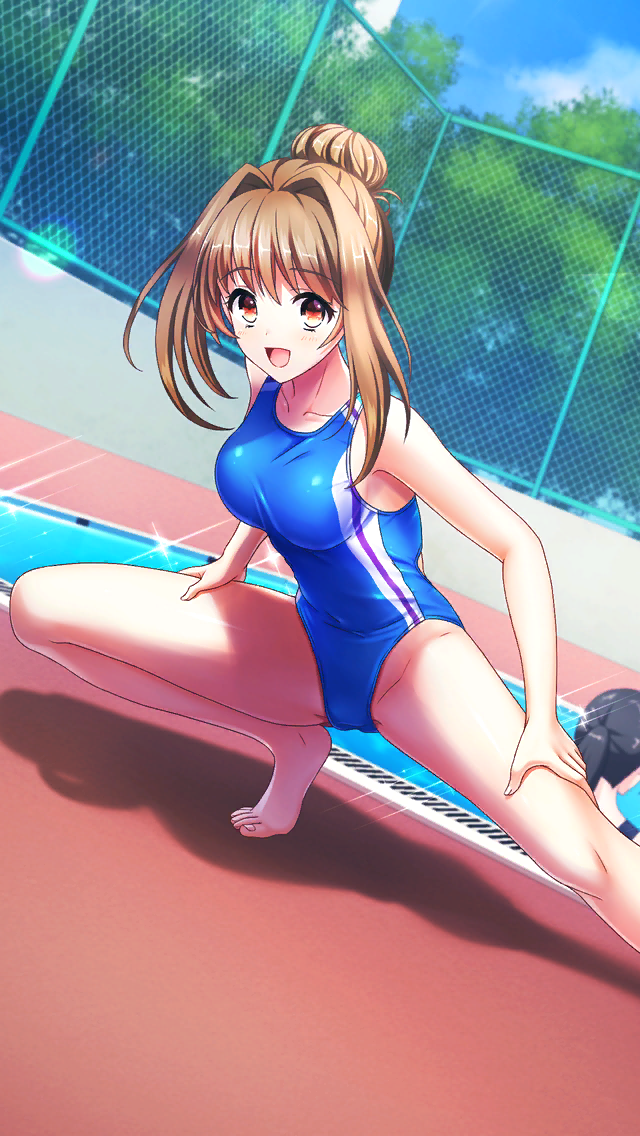 2girls :d bangs bare_legs barefoot blue_sky blue_swimsuit blurry blurry_background blush breasts brown_eyes brown_hair collarbone competition_school_swimsuit competition_swimsuit day doukyuusei_another_world eyebrows_visible_through_hair game_cg hair_between_eyes hair_intakes kakyuusei_2 large_breasts lens_flare long_hair multiple_girls official_art one-piece_swimsuit outdoors poolside saimon_tamaki shiny shiny_hair shiny_skin sky smile solo_focus sparkle stretch swimsuit tied_hair