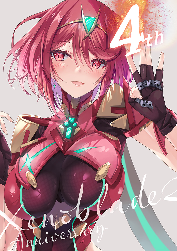 1girl bangs black_gloves breasts chest_jewel earrings fingerless_gloves gloves hinot jewelry large_breasts pyra_(xenoblade) red_eyes redhead short_hair solo swept_bangs tiara xenoblade_chronicles_(series) xenoblade_chronicles_2